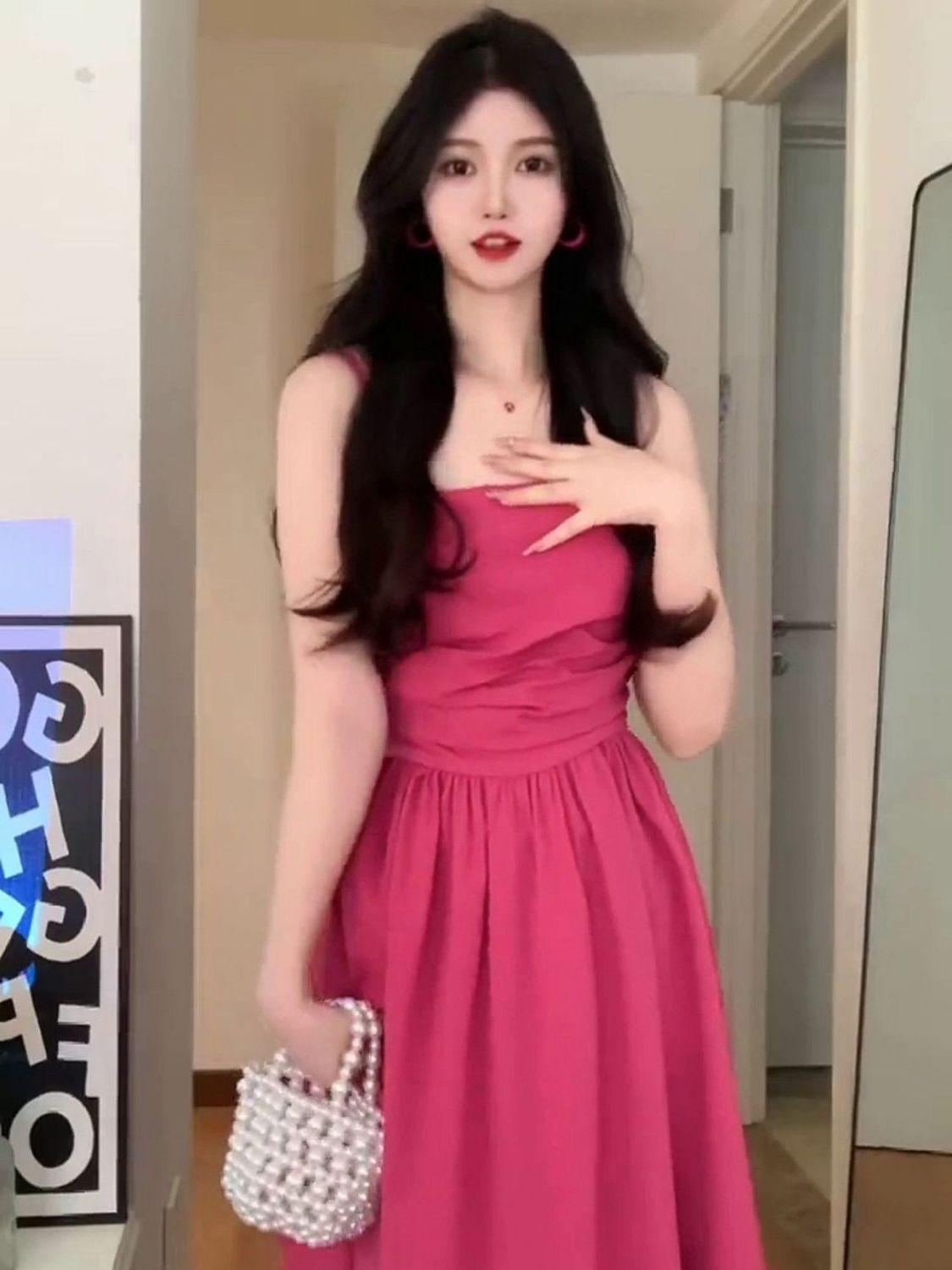 TOBE1SHOP Tea Break French Rose Sling Dress Trẻ em mùa hè 2023 Thắt lưng lộ ra váy dài nghỉ mát bên bờ biển gầy