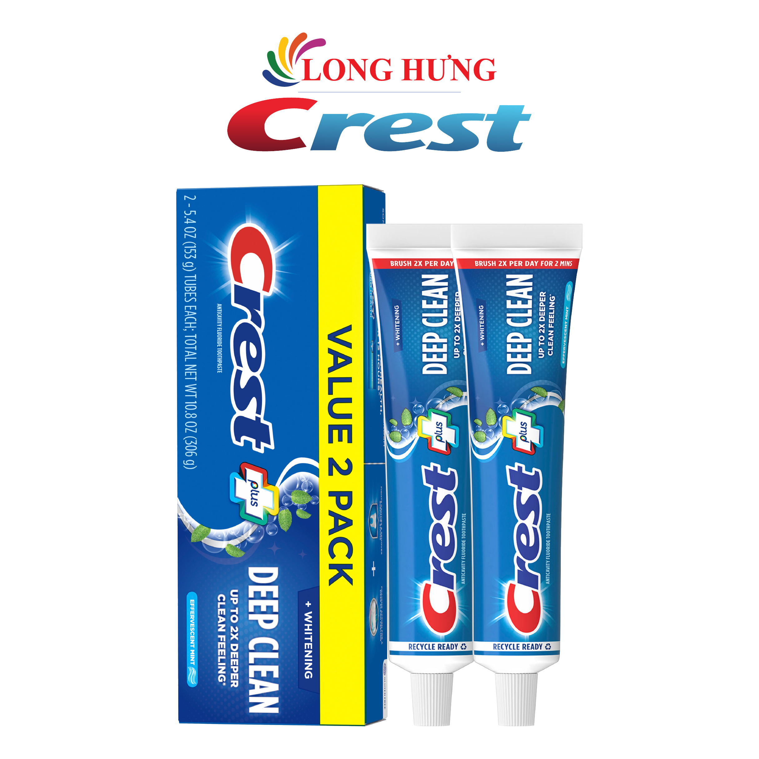 Combo kem đánh răng Crest Plus Deep Clean Effervescent Mint (153g x 2) - Hàng chính hãng