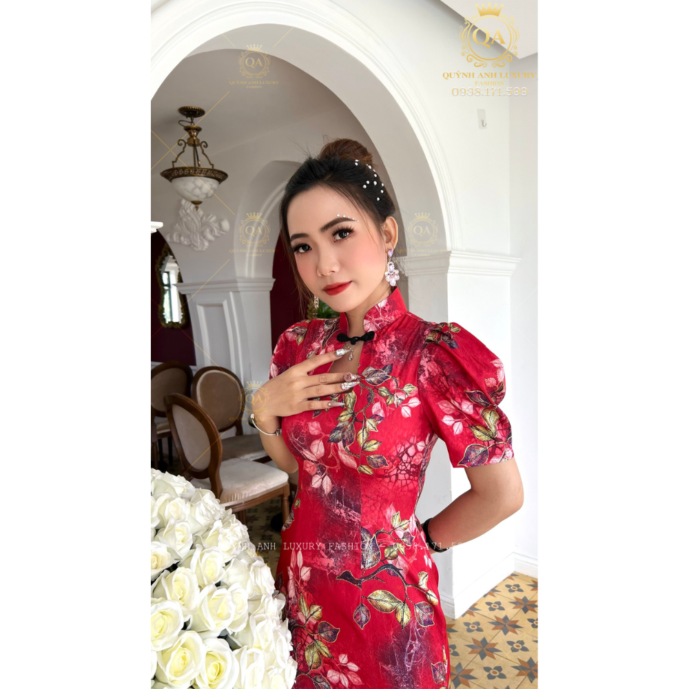 Sườn Xám Cổ Tàu Trung Hoa Lụa Ánh Kim Tone Đỏ Sang Trọng Mia Dress