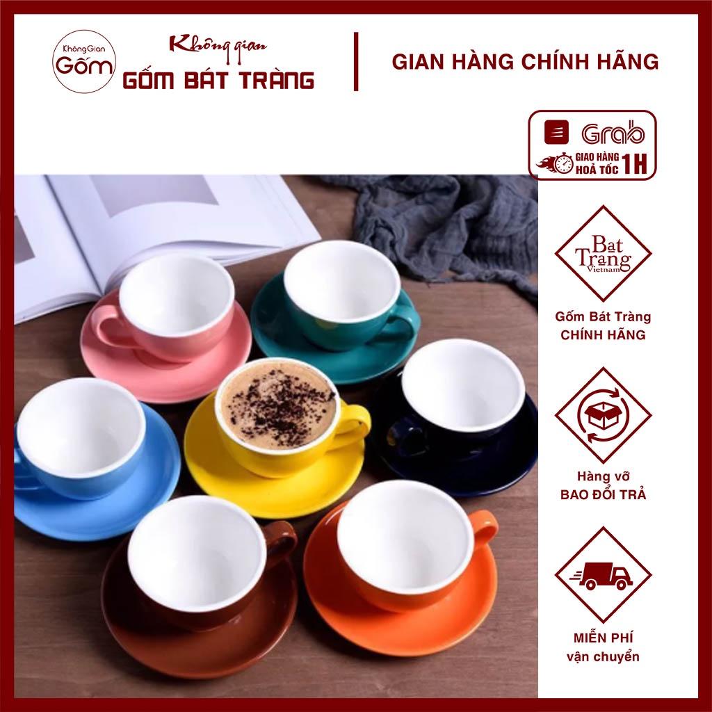 Tách cà phê Capuchino dáng lùn men gốm Không Gian Gốm Bát Tràng cao cấp kèm đĩa 220ml nhiều màu