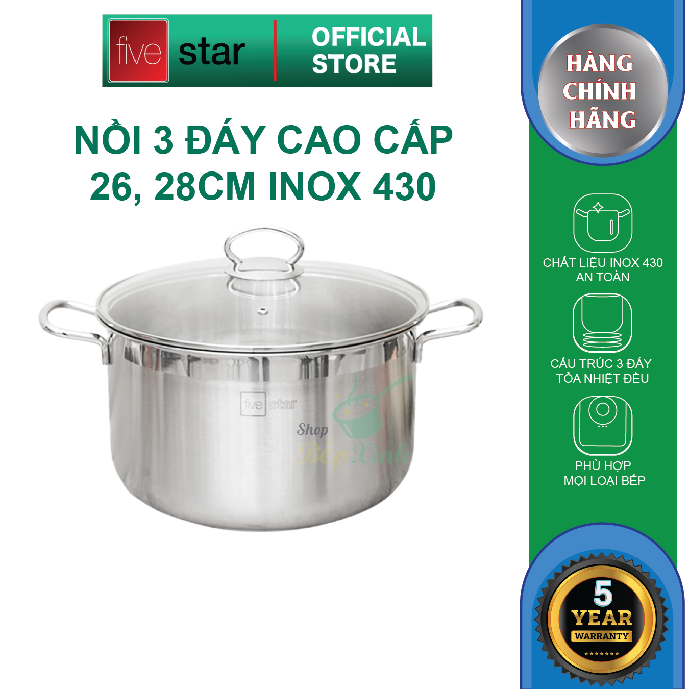 Nồi luộc gà 3 đáy 28 cm Fivestar FSN 28IN1 tặng 2 vá canh