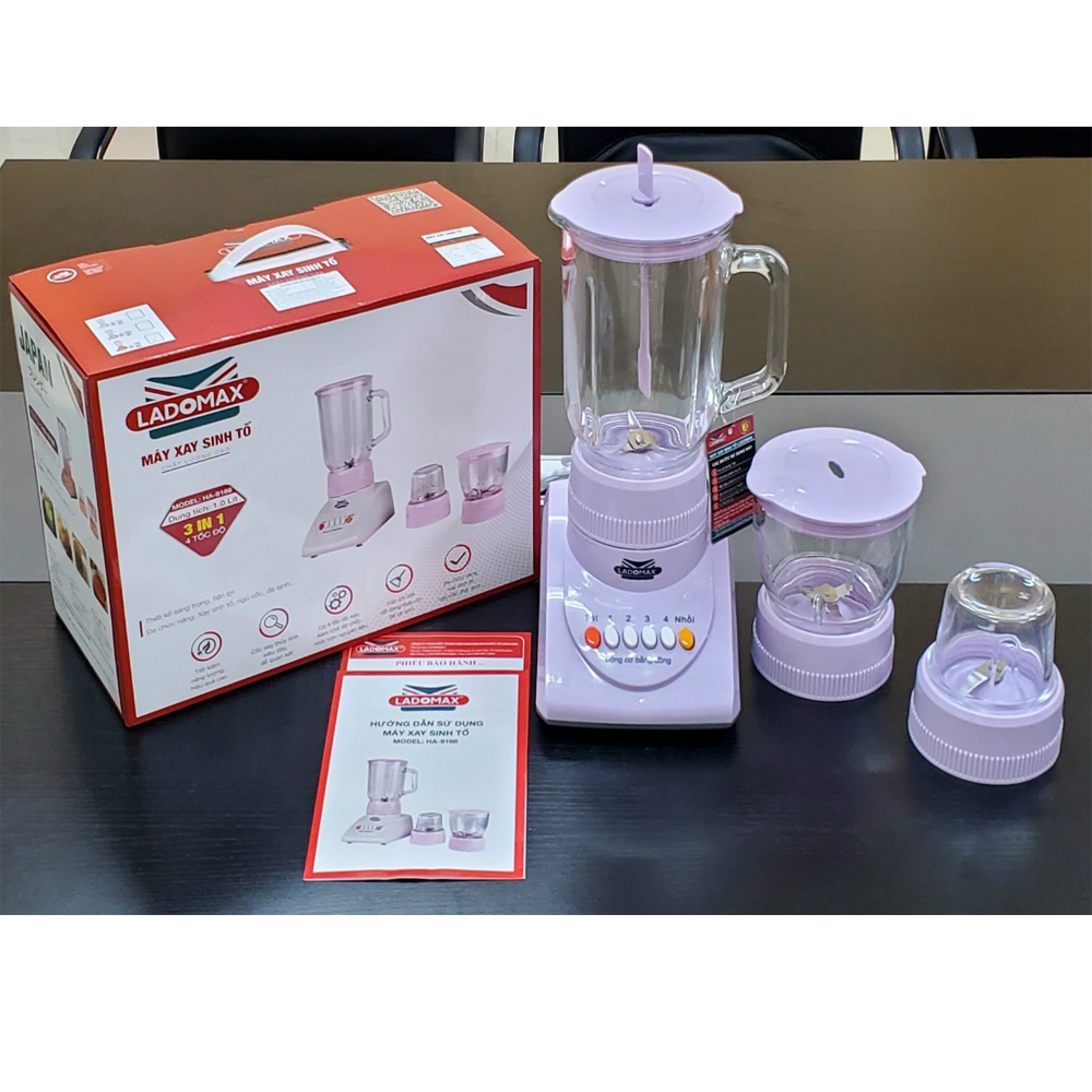 Máy xay sinh tố gia đình 3 cối thủy tinh Ladomax Ha9166 cống suất 420W, moto đồng-Hàng chính hãng