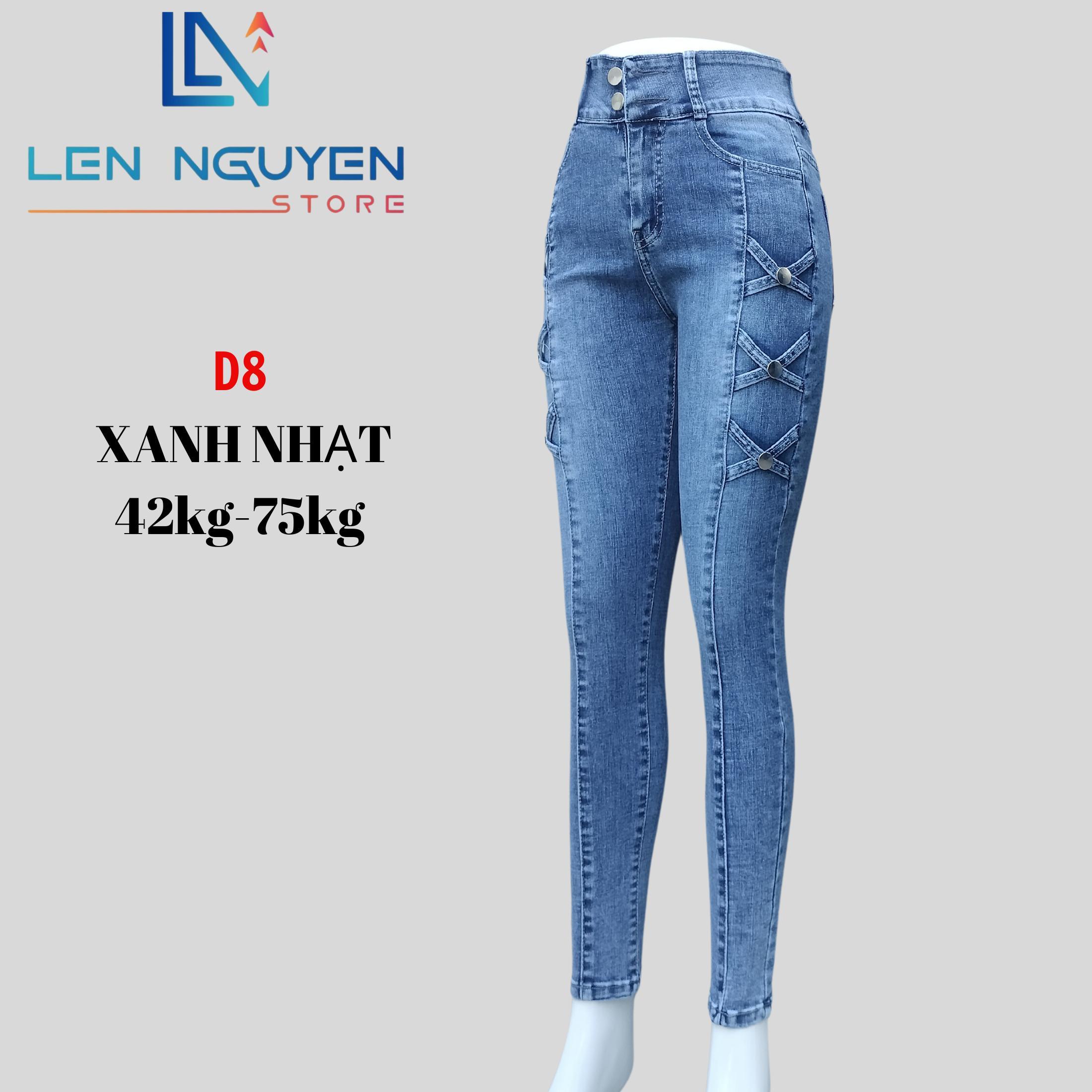 D8_Quần Jean Nữ ,Dài 95cm, Thiết Kế Thêu 2 Nút Lưng Cao,Quần bò nữ, Ôm gọn lưng cao, co giãn  - Xanh Đậm