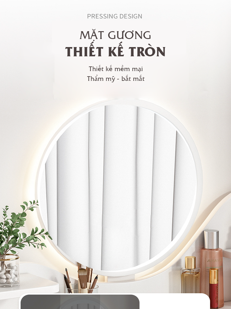 Bàn trang điểm thông minh gương tròn, đèn LED, có kệ đựng mỹ phẩm phong cách Hàn Quốc sang trọng, thanh lịch GP196