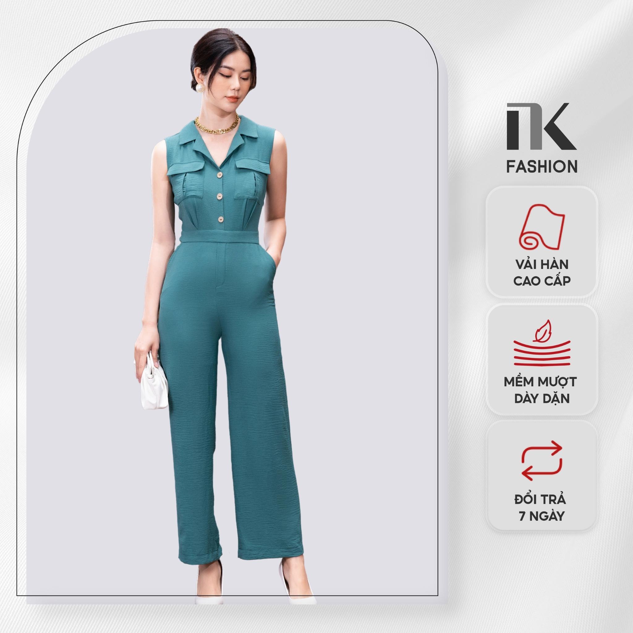 Bộ Jumpsuit Nữ NK Fashion Dáng Dài Áo Cổ Vê Sát Nách, Quần Ống Rộng Tôn Dáng NKBD2204019 - Màu Xanh - S