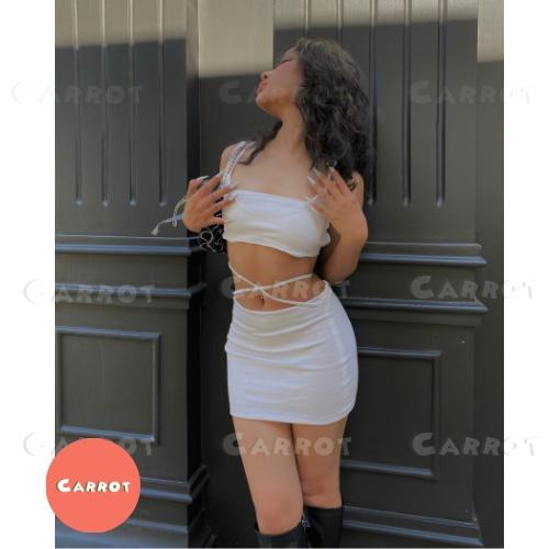 Set đồ nữ sanh chảnh, bộ đồ nữ cá tính áo croptop 2 dây chân váy cột dây trắng ôm body carrotxinhdep