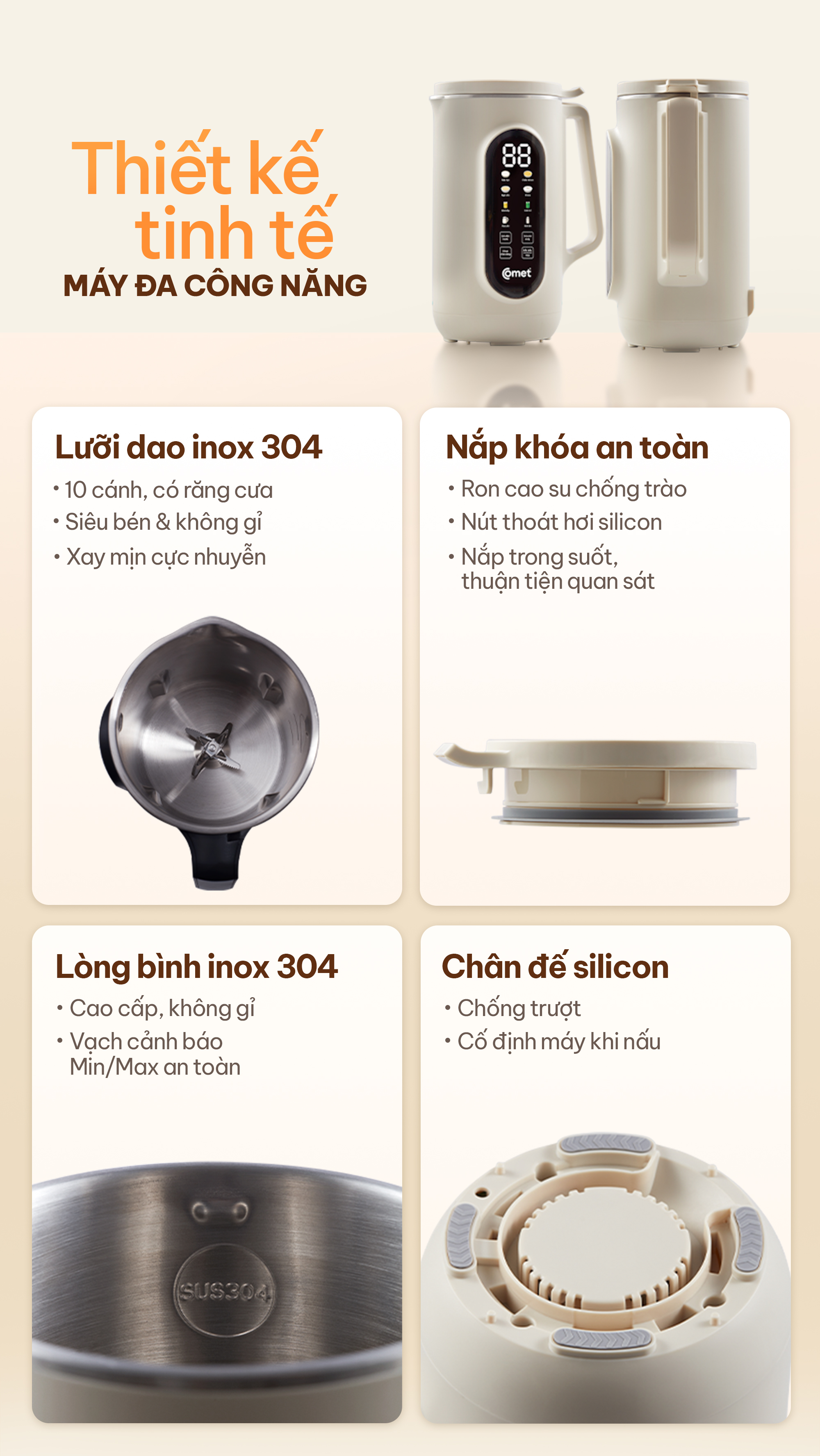 Máy làm sữa hạt Comet CM9216 – đa năng 9in1, dung tích 1.2L, công suất nấu 800W – Xay nấu sữa hạt, cháo ăn dặm – Hàng chính hãng, bảo hành 12 tháng
