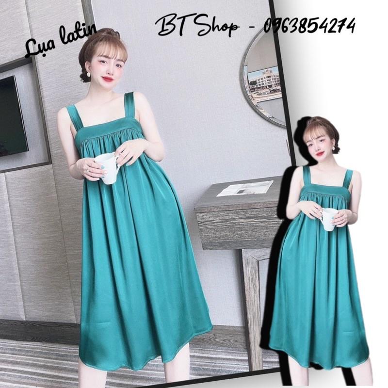 Đầm váy ngủ mặc nhà lụa latin trơn xoè freesize 42-57kg