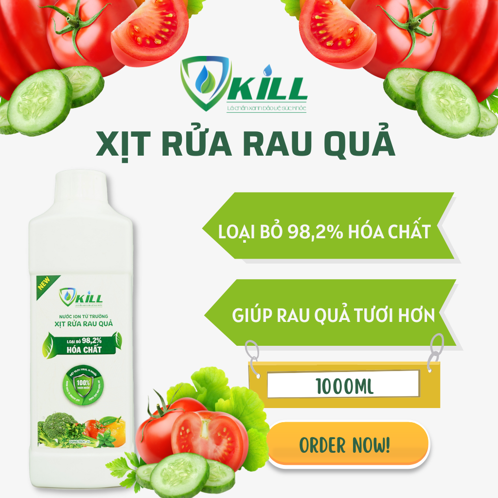 Nước ion từ trường Vkill 1L - Xịt rửa rau quả khử khuẩn thực phẩm tươi sống an toàn mang lại bữa cơm ngon, lành mạnh