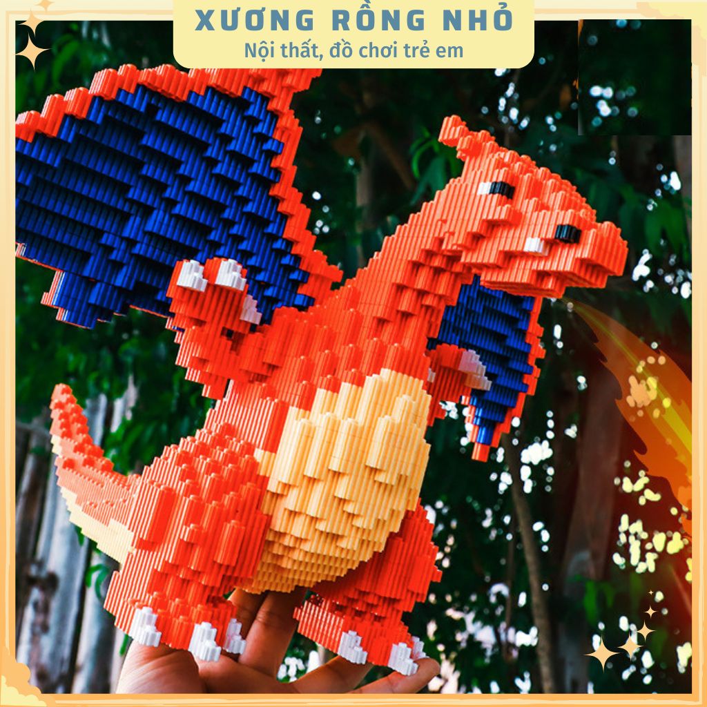 Mô hình Rồng Lửa Charizard cỡ lớn size to 26cm đồ chơi xếp hình nano 3d cho bé chuẩn mẫu, RỒNG CAM 26CM