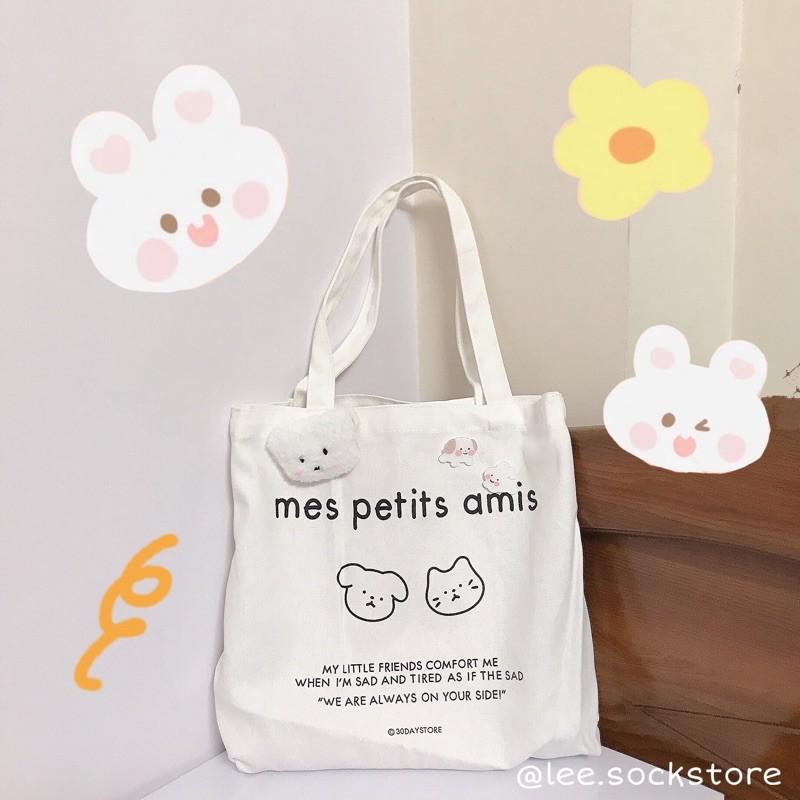 Túi tote Mes Petis amis chất vải Canvas dày dặn thời trang - Tặng dây buộc tóc hoa quả