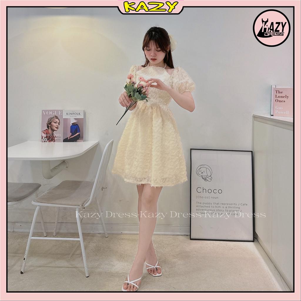 Váy trắng tiểu thư dự tiệc cổ yếm trễ vai tay bồng 2 lớp thêu hoa dáng xinh Hàn Quốc KAZY DRESS V003