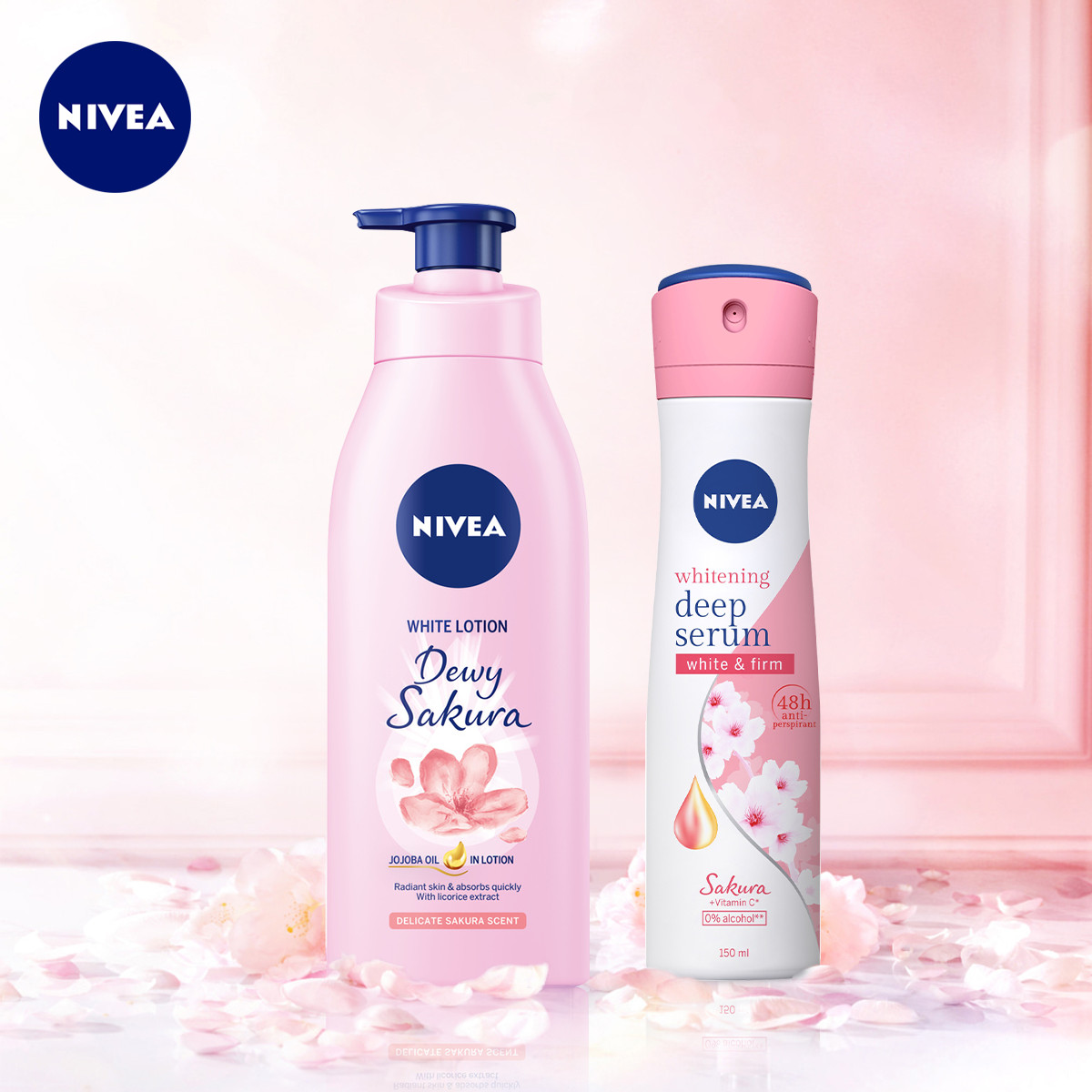 Bộ đôi Xịt Serum Ngăn Mùi NIVEA Trắng Mịn Hương Hoa Sakura (150ml) - 85308 &amp; Sữa Dưỡng Thể Dưỡng Trắng NIVEA Hương Anh Đào Dewy Sakura (350ml) - 85703