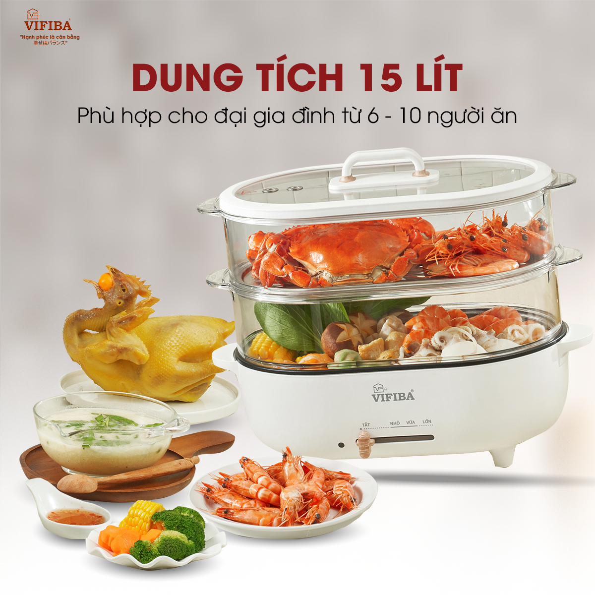 Nồi Lẩu Điện Hấp 2 Tầng Hàng Chính Hãng VIFIBA, Dung Tích Nấu 15L, Công Suất 1000W - Nấu Siêu Nhanh, Điều Chỉnh Nhiệt Độ