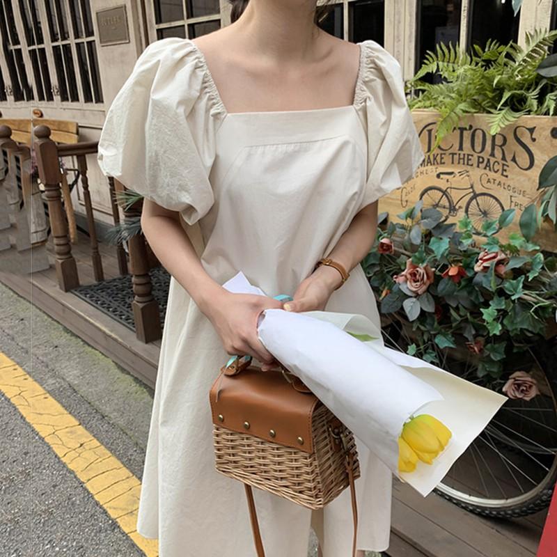 Đầm Midi Thiết kế Cổ vuông Thanh lịch Tay bồng Ngắn tay Form rộng Ulzzang Hàn Quốc Váy Midi dài Tay ngắn Mùa Hè