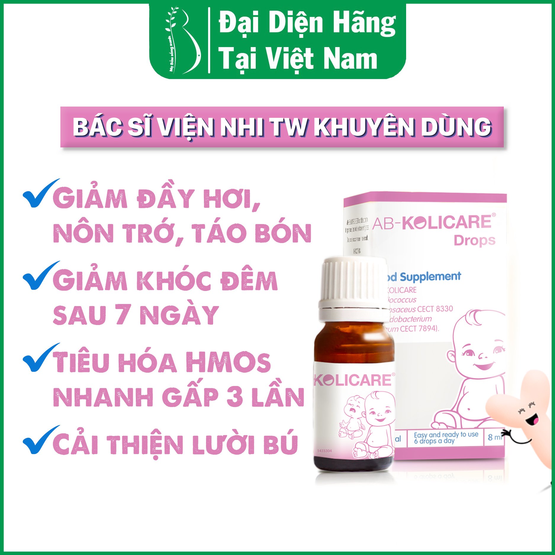 AB - Kolicare: Men Vi Sinh Cho Trẻ Lười Bú, Quấy Khóc, Đầy Hơi, Đau Bụng, Táo Bón, Co Thắt Ruột, Hỗ Trợ Tiêu Hóa HMOs Nhanh Gấp 3 Lần