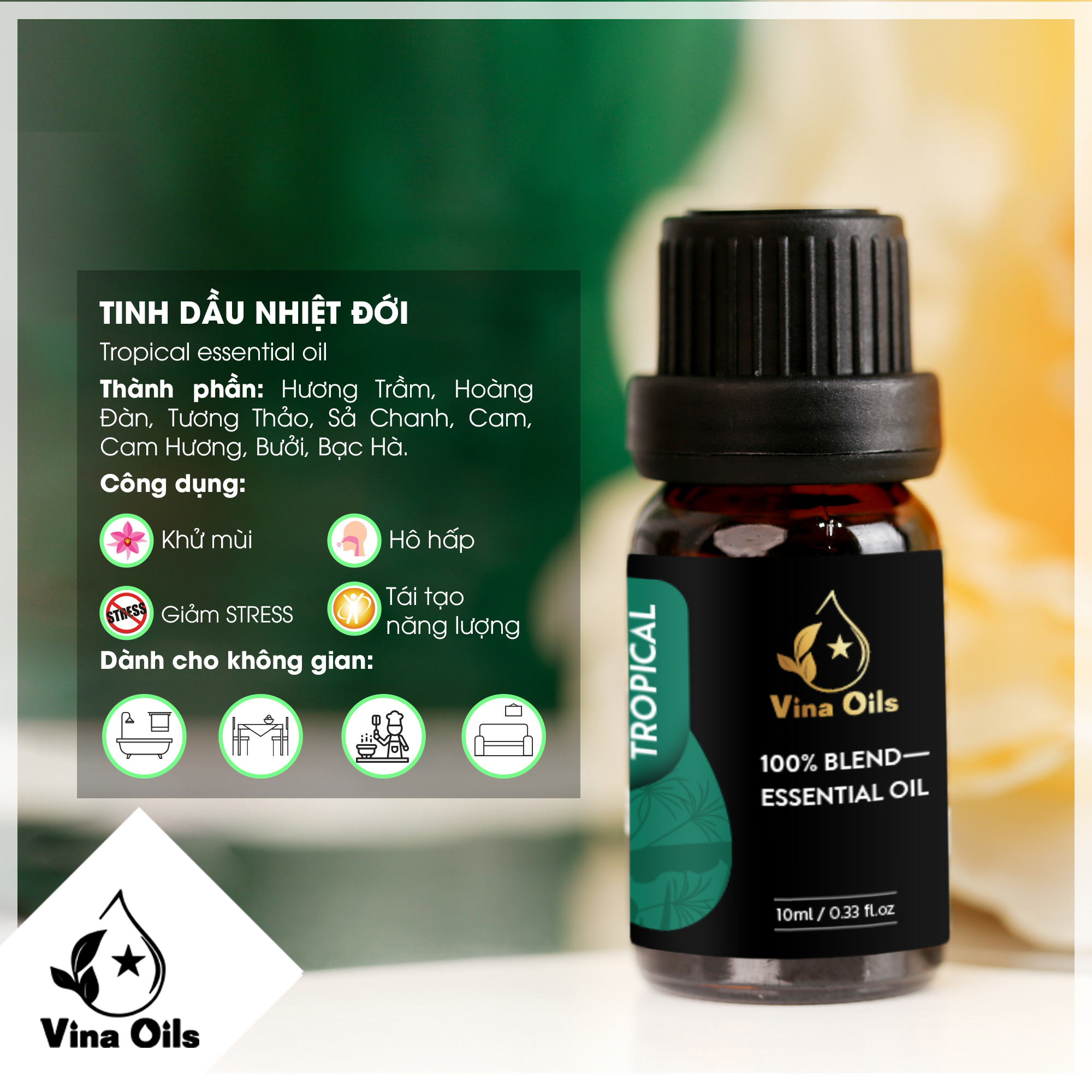 Tinh Dầu Nhiệt Đới Vina Oils 10ml - Tropical Essential Oil 10ml - Chiết Xuất Từ Trà Trắng, Dưa Leo, Sen, Cam Hương, Bưởi, Ngọc Lan Tây, Hoắc Hương - Hương Thơm Thanh Thoát, Nhẹ Nhàng Tựa Một Vùng Nhiệt Đới Rợp Cỏ Xanh, Nắng Vàng