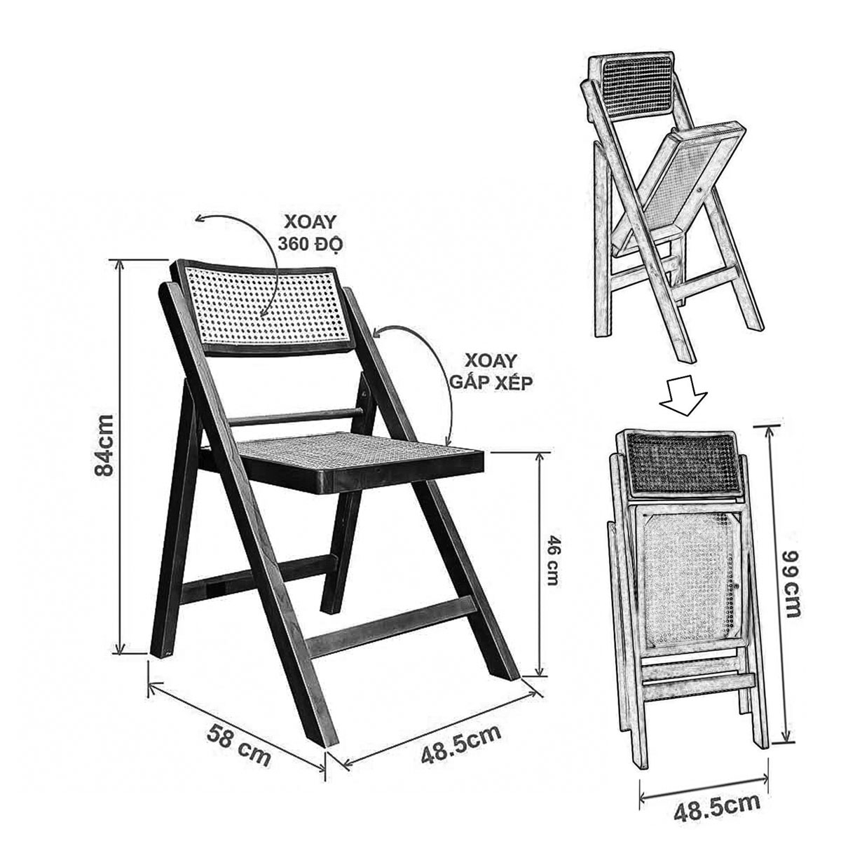 Ghế gấp gỗ , ghế xếp gọn thông minh tựa mây đan MenMen