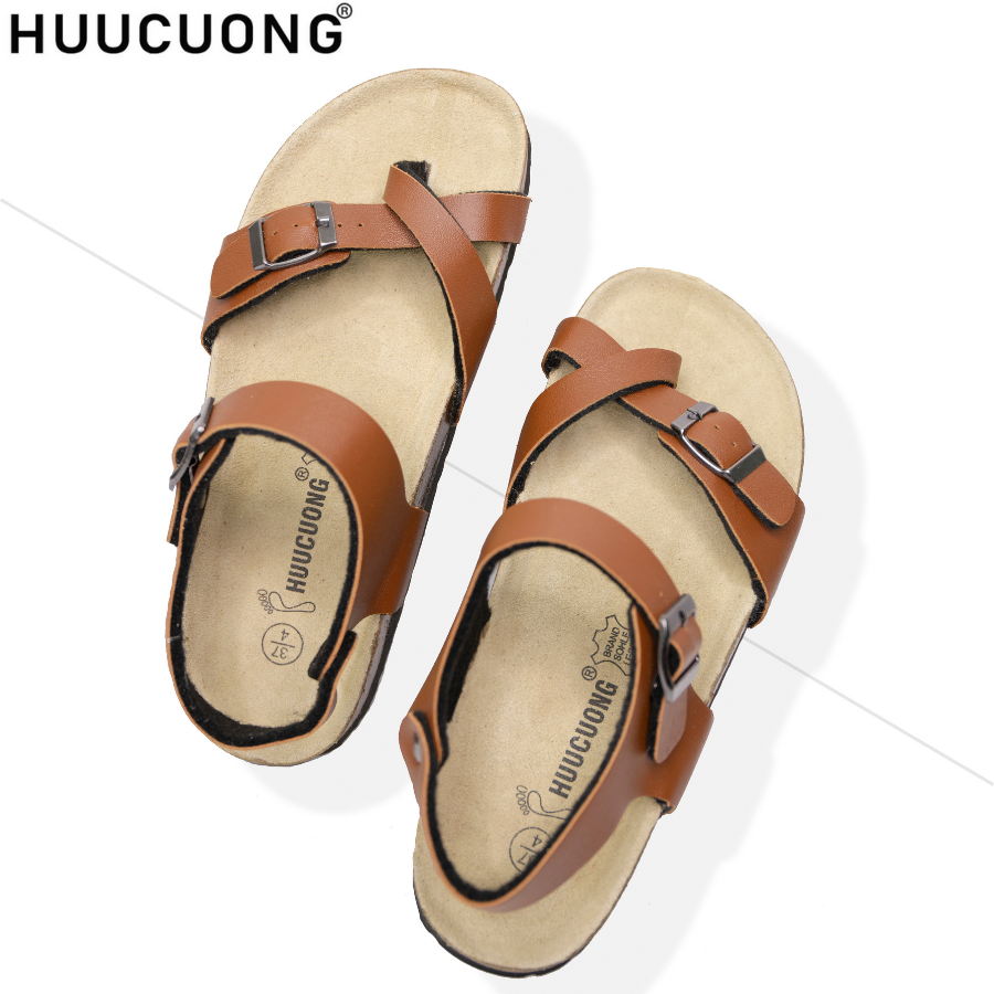 Sandal unisex xỏ ngón da pu nâu handmade