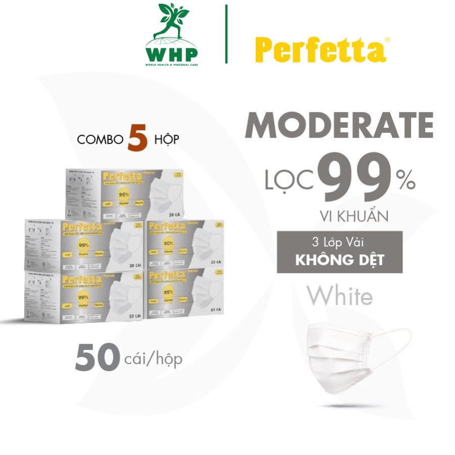Combo 5 HỘP – PERFETTA MODERATE – Khẩu Trang Y Tế Chất Lượng Cao, Kháng Khuẩn, Chống Bụi Mịn, 3 Lớp, Bảo Vệ Tối Ưu – 50 cáihộp – TRẮNG