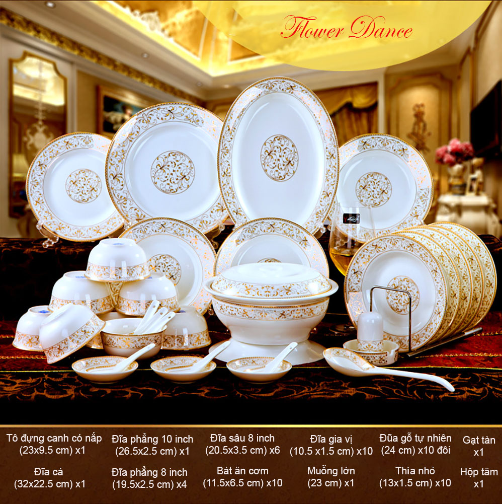Bộ đồ ăn Flower Dance 56 món bằng sứ xương cao cấp, họa tiết viền tinh xảo, sang trọng, phong cách Tây Âu.