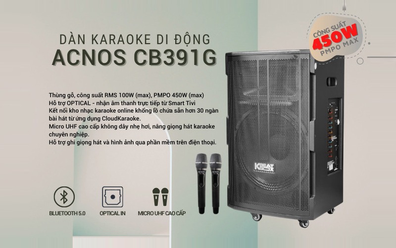 Loa kéo di động Acnos CB391G - Bass 4 tấc, công suất lên đến 450W - Đầy đủ bluetooth 5.0, cổng quang (Optical), AUX, USB - Điều chỉnh Delay, Echo dễ dàng - Kèm 2 micro không dây UHF cao cấp - Hàng chính hãng