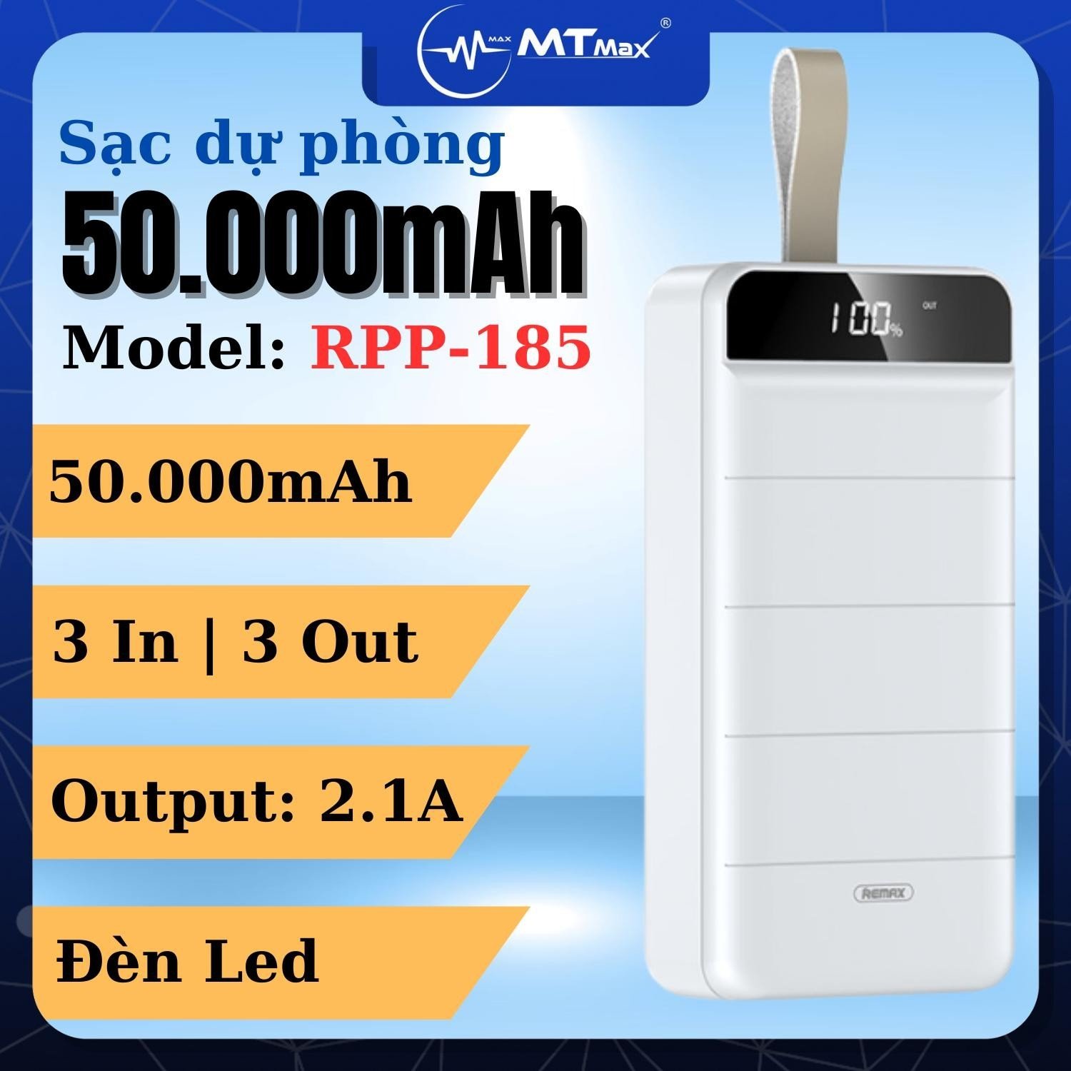 Sạc Dự Phòng RPP185 | 50000mAh 3 Cổng Sạc Vào, 3 Cổng Sạc Ra, Thiết Kế Bằng Nhựa Cao Cấp, Bền và Chắc Chắn