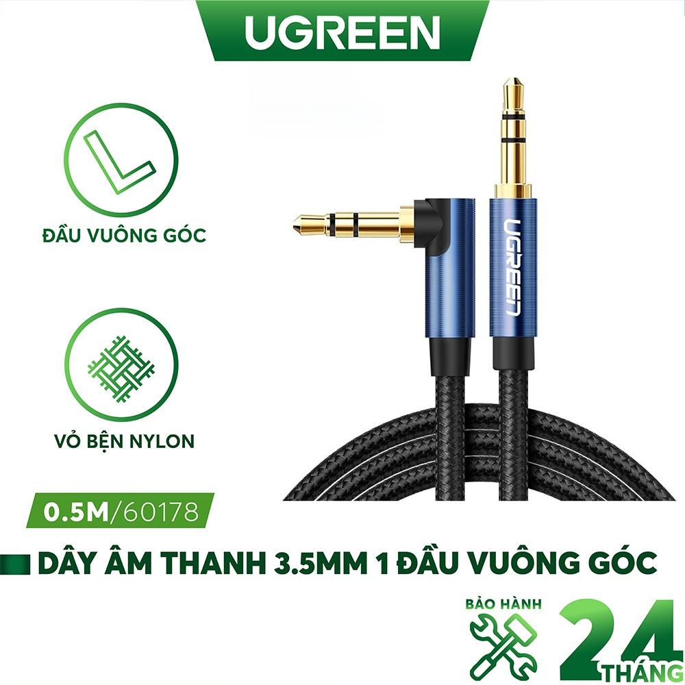 Dây âm thanh 3.5mm 1 đầu vuông góc màu xanh, dây bện vải sợi tổng hợp UGREEN AV112- Hàng chính hãng