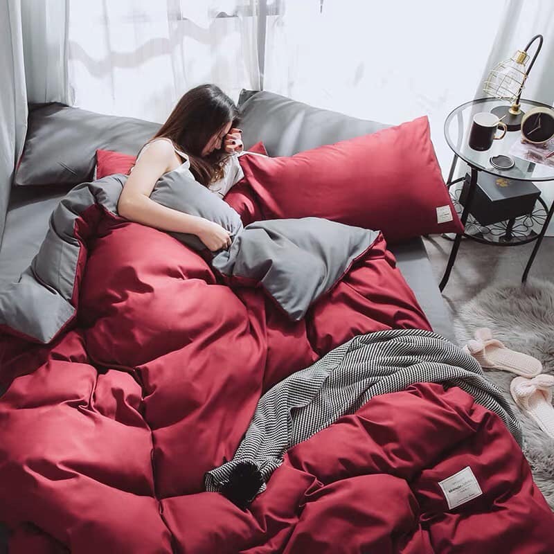 Bộ Vỏ Chăn Ga Gối Cotton Tici 5 Món - TM9 - Đỏ Mix Xám