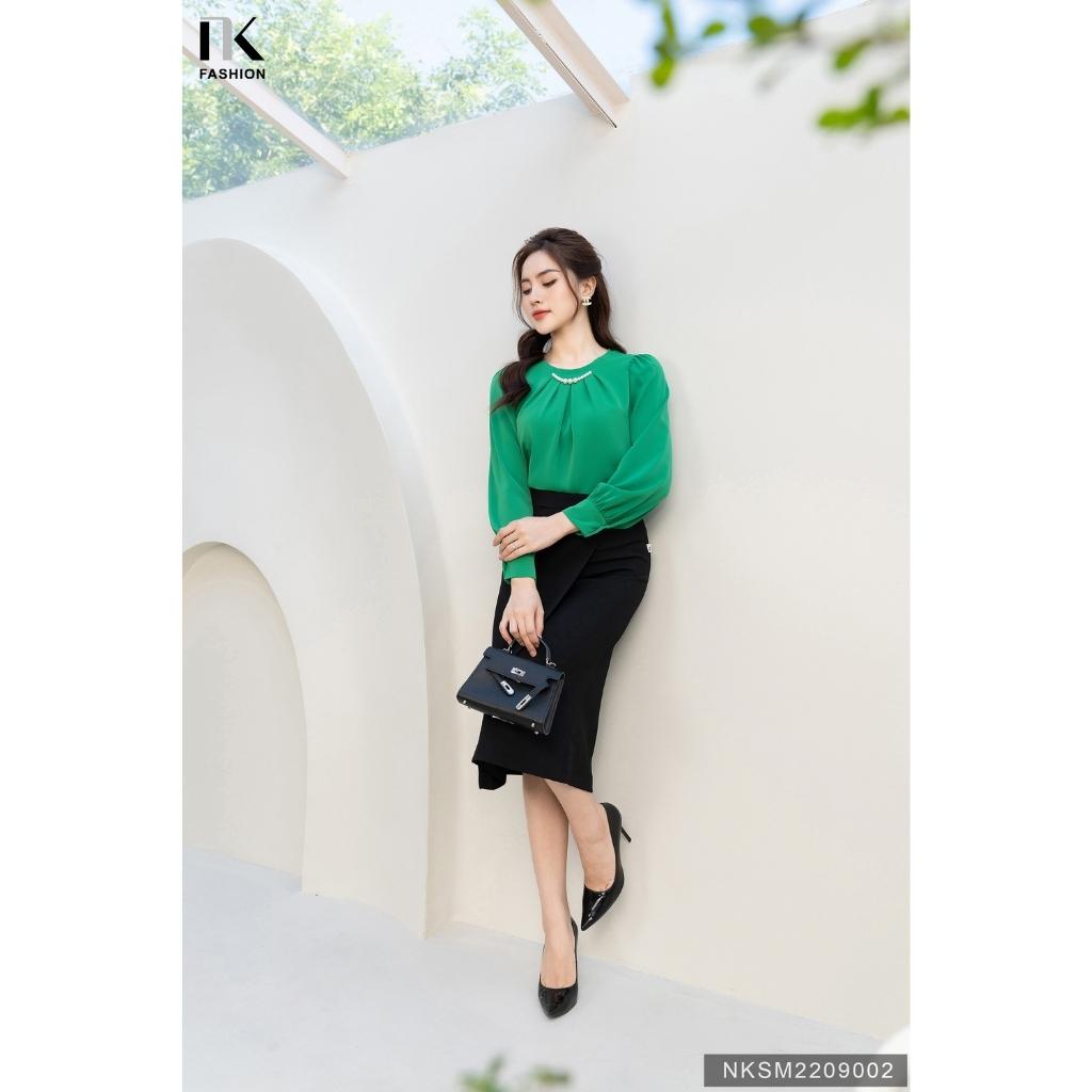 Áo Sơ Mi Công Sở Dài Tay Cổ Đính Dây Ngọc NK FASHION Chất Vải Lụa Hàn Cao Cấp, Mềm Mại NKSM2209002