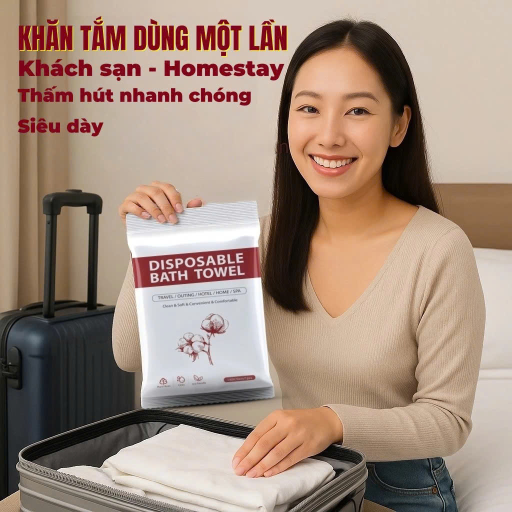 Khăn tắm nén du lịch (70x140cm) bằng cotton thấm hút tốt, dùng một lần tiện lợi - Chính hãng