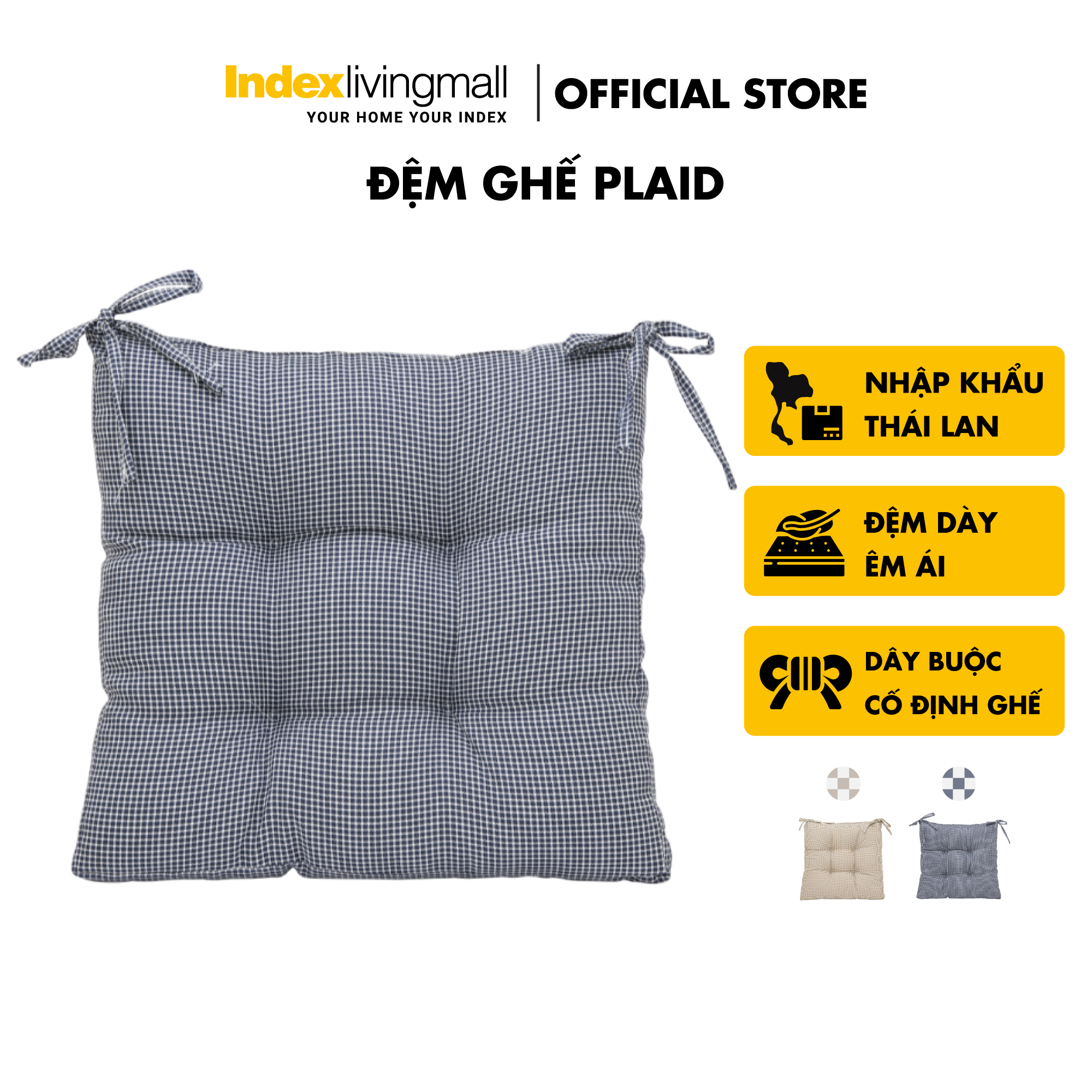 Đệm vuông ngồi bệt, gối lót ghế có dây buộc PLAID nệm bọc vải polyester carô, kích thước 45x45x9cm | Index Living Mall - Phân phối độc quyền tại Việt Nam