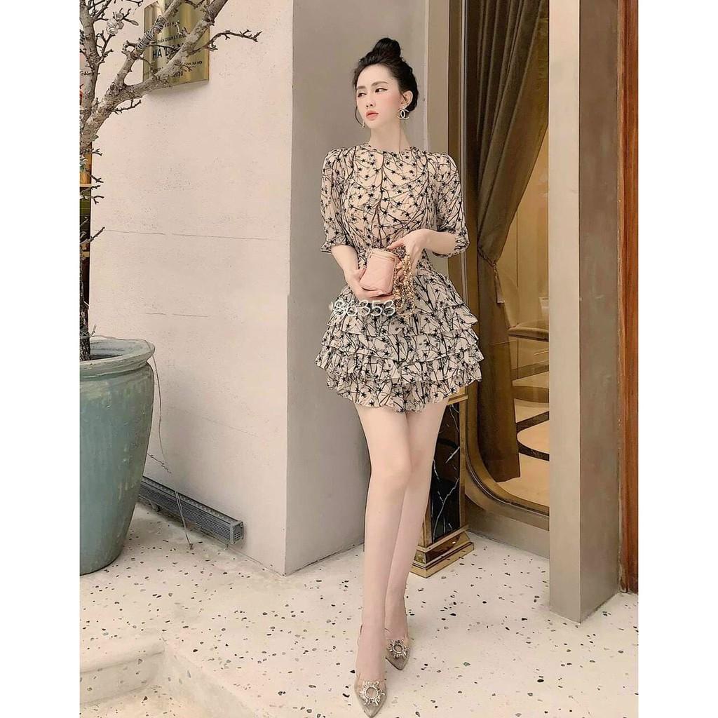 ĐẦM NỮ NGẮN XÒE XẾP TẦNG TAY LỠ HỌA TIẾT HOA LÁ SIÊU XINH
