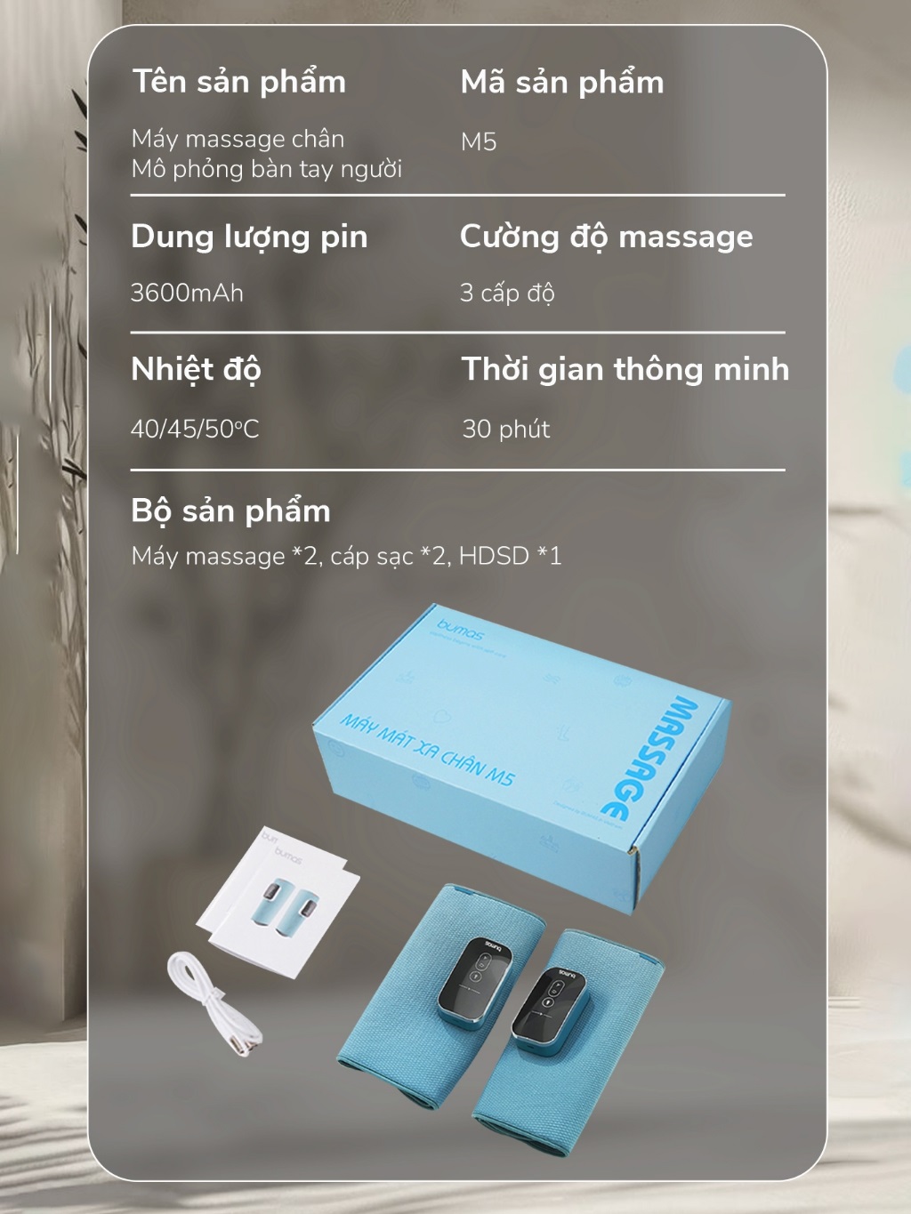 Máy massage chân Sothing Bumas M5, chườm nóng massage bắp chân bằng khí nén nhiệt độ 40°C, 45°C, 50°C, pin 3600mAh