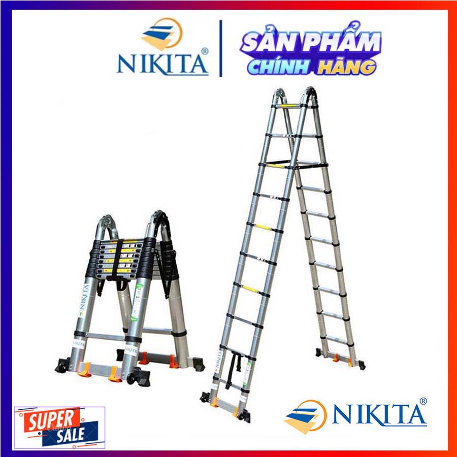 Thang nhôm rút đôi có bánh xe di chuyển tiện lợi, thanh giằn gia cố, khóa thang 2 lớp - NIKITA