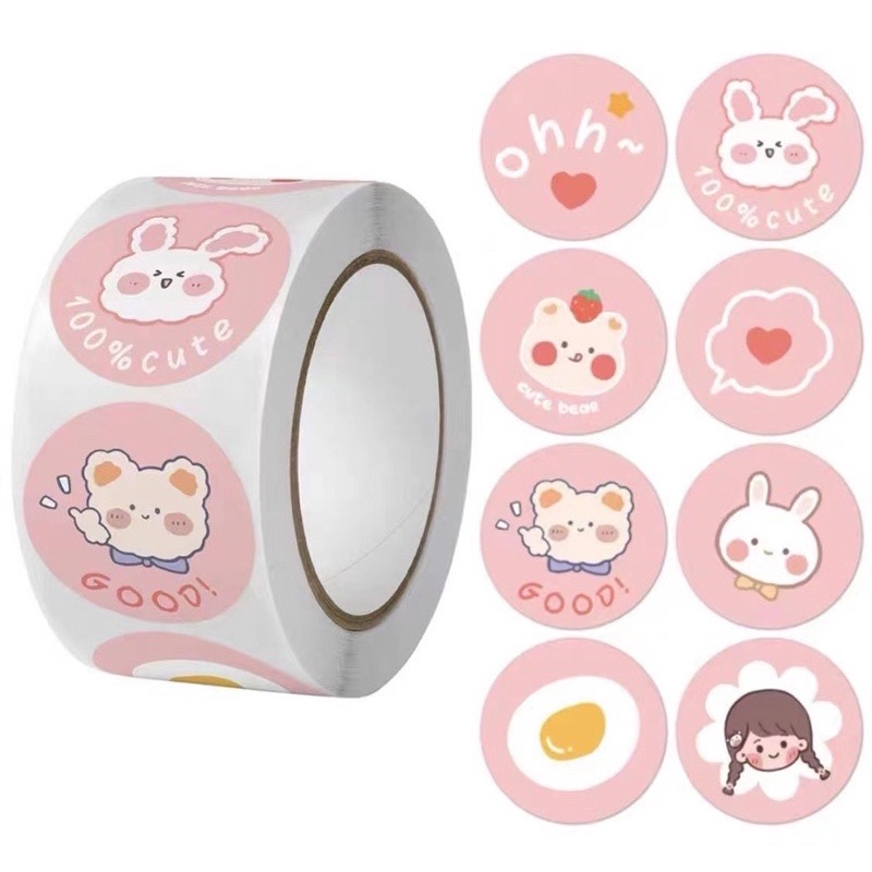 Cuộn 500 tem nhãn dán sticker thỏ hồng size 2.5cm / Ảnh thật