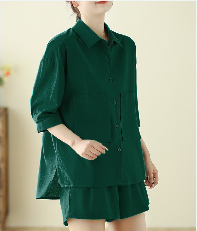 Bộ đồ cho nữ 2 chi tiết gồm áo sơ mi có túi và quần short dáng chữ A, set linen nữ hàn quốc