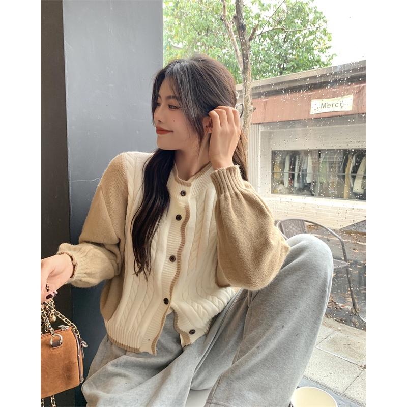 Áo khoác len cardigan nữ cổ tròn dài tay phối 2 màu trẻ trung kiểu Hàn Quốc chất đẹp Quảng Châu C-6