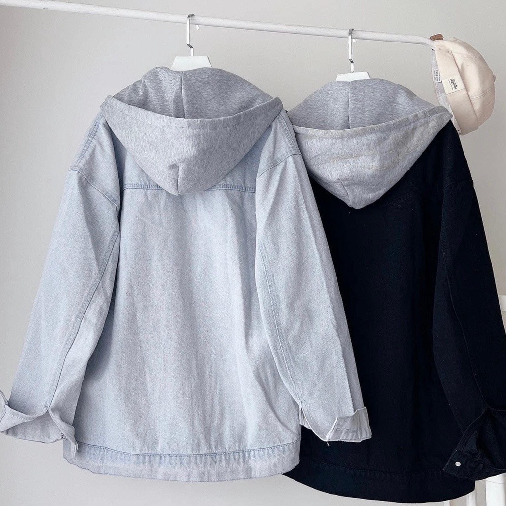 Áo khoác unisex thêu túi NB, chất kaki jean có mũ nam nữ mang được 2 màu cơ bản