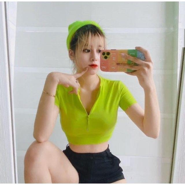 Áo thun croptop cổ bẻ kéo khóa JOY BABE thun xịn co giãn 4 chiều crop polo trơn basic cam xanh lá sáng da CRON 14 -4E