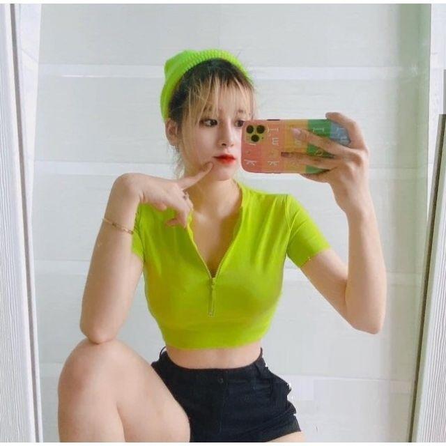 Áo thun croptop cổ bẻ kéo khóa JOY BABE thun xịn co giãn 4 chiều  crop polo trơn basic cam xanh lá sáng da CRON 14 -4E