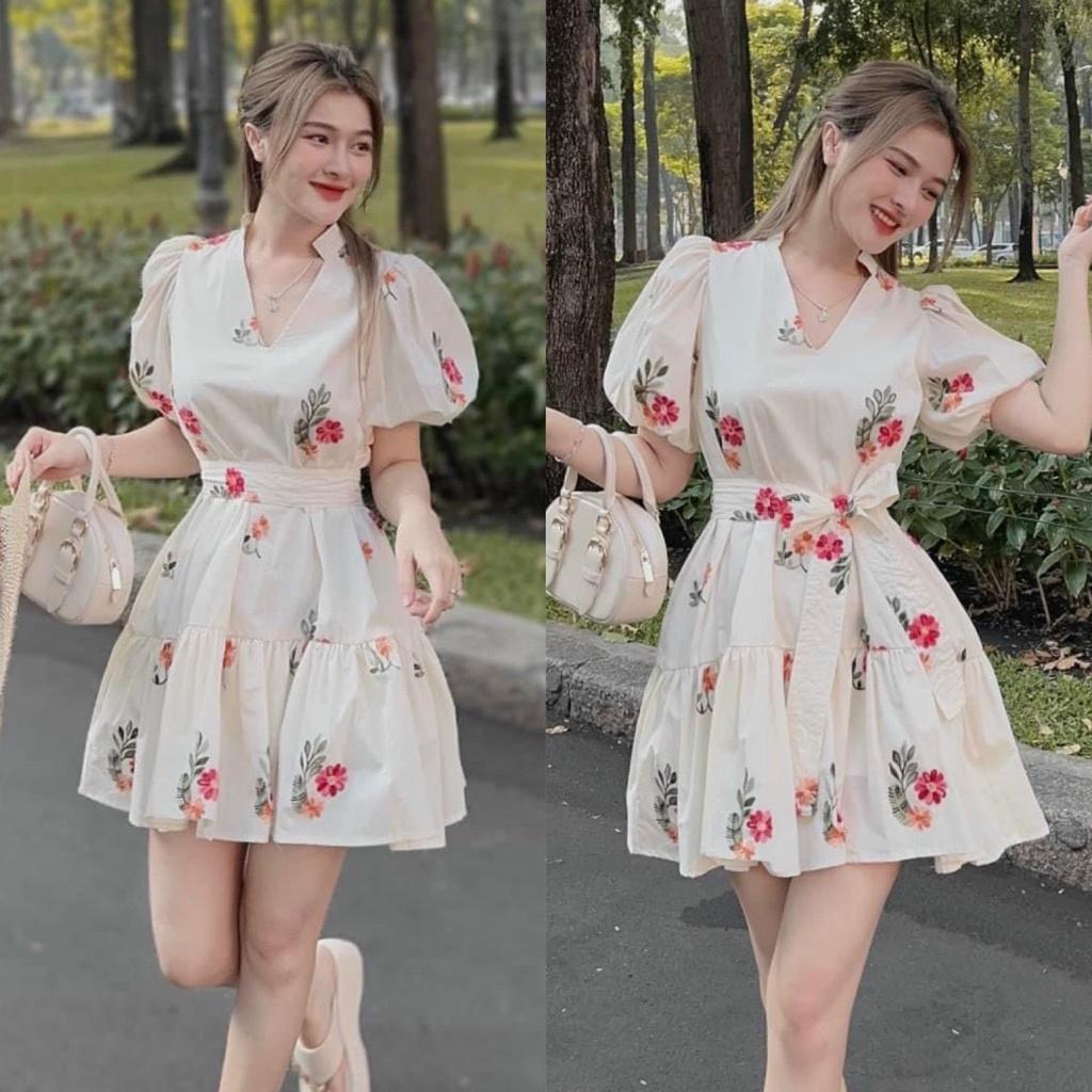 Đầm váy nữ tay phồng cổ chữ V thắt eo chít tầng xòe hàng thiết kế Kgia fashion