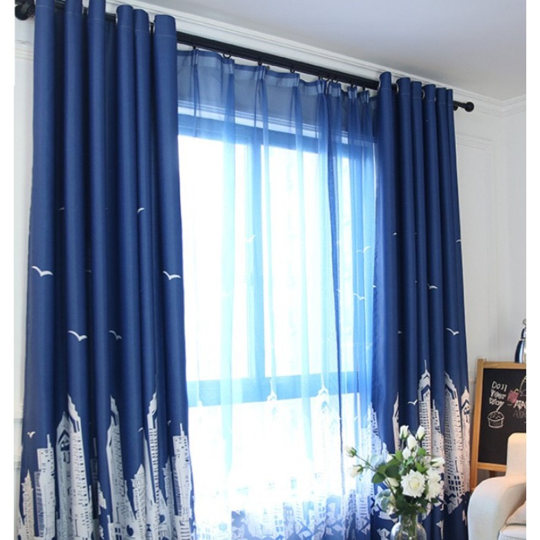 Rèm cửa vải khoen lỗ THÀNH PHỐ XANH ĐẬM MẪU MỚI