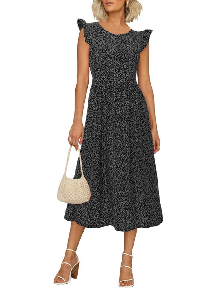 Fashion Women Floral Print Dress Ruffles Cap Sleeves Elastic Back Bohemian Holiday Beach Dress Casual Midi Dress