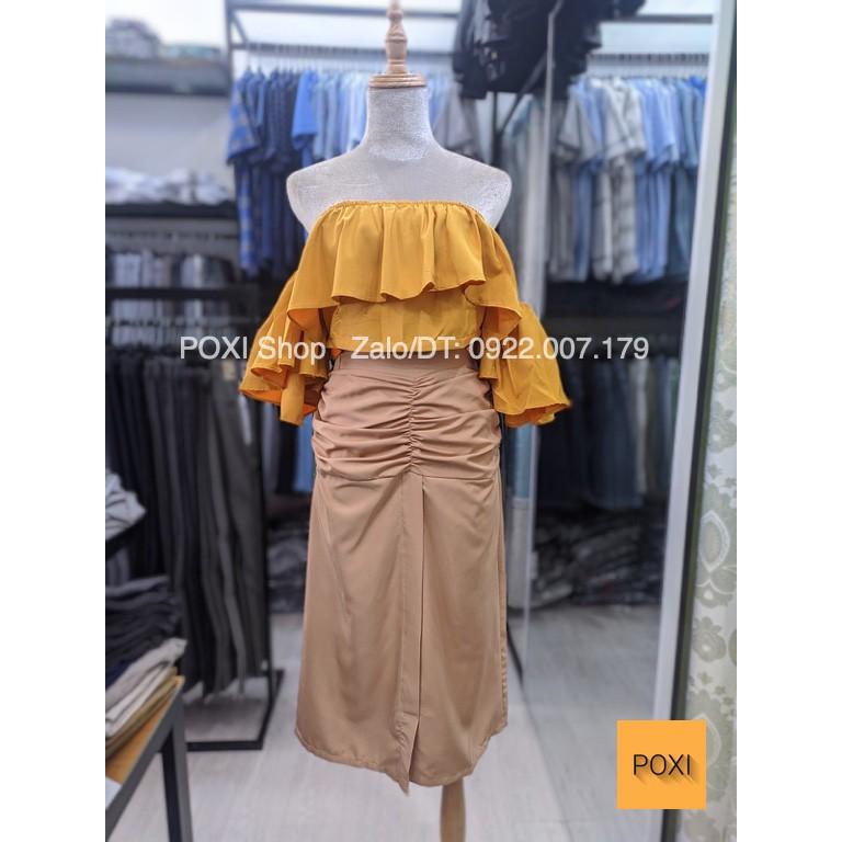 SET Áo Bẹt Vai Chun Bèo &amp; Chân Váy Nhún (ÁO VÀNG + VÁY NUDE)