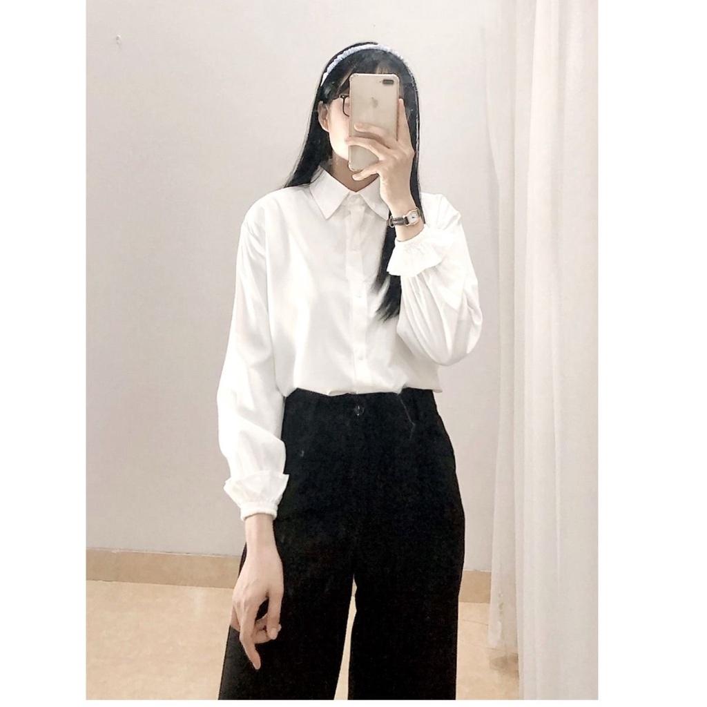 Áo Sơ Mi Nữ Trắng Trơn Dài Tay Chun Form Rộng Dáng Suông tại ThunderUniex Ulzzang Vintage Hàn Quốc Freesize