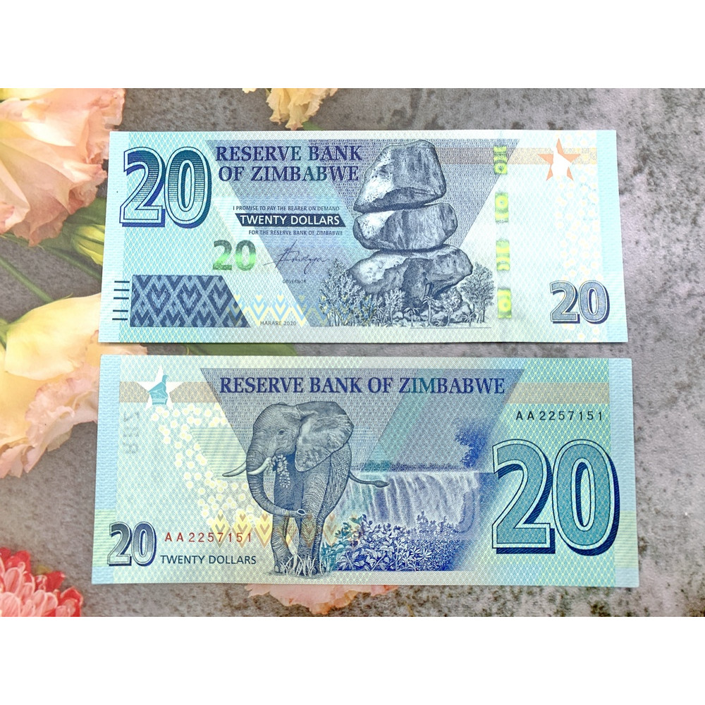 Tiền 20 Dollar Zimbabwe hình con voi lớn , tiền quốc gia châu Phi , mới 100% UNC, tặng túi nilon bảo quản
