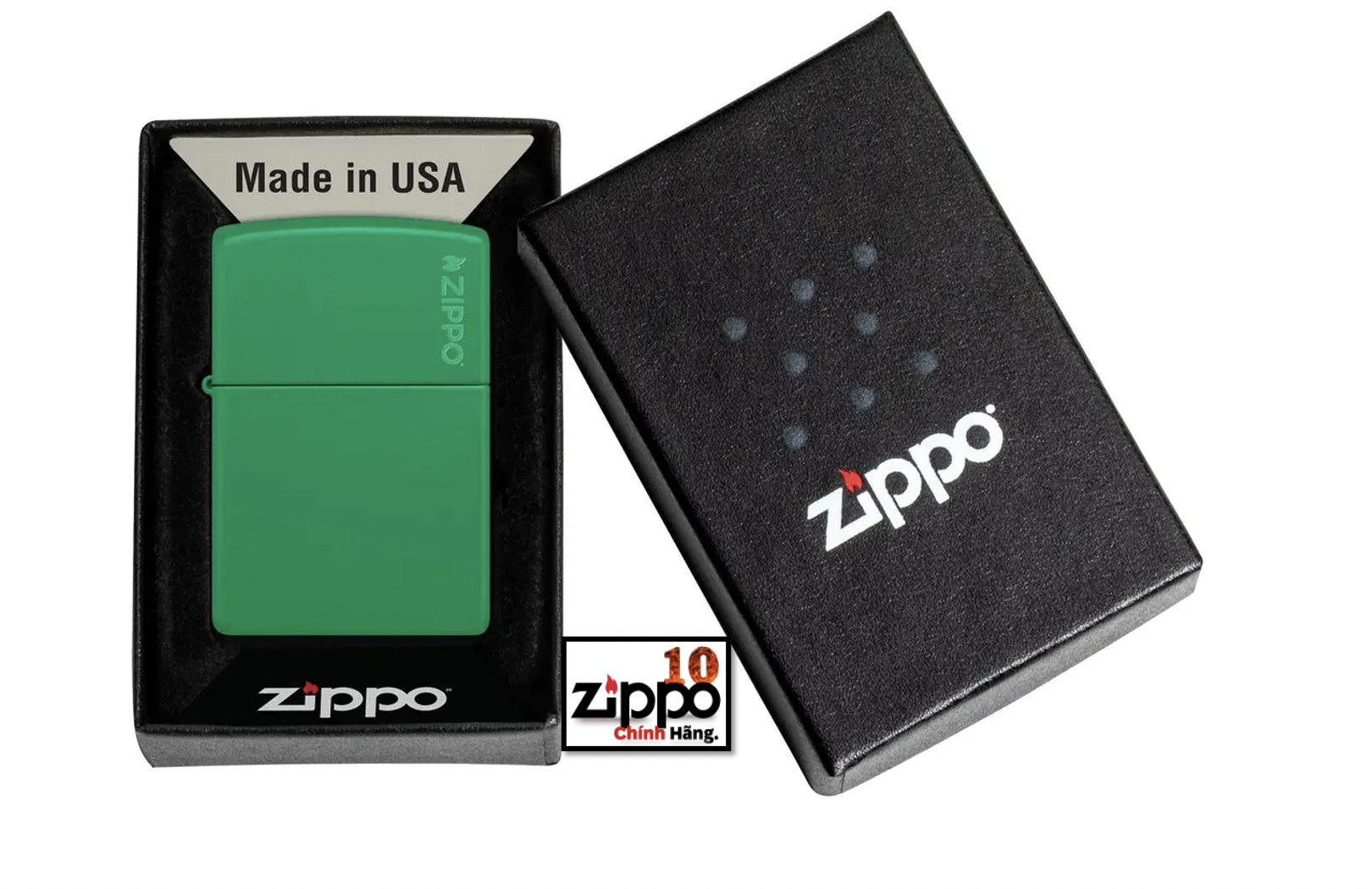 Bật lửa ZIPPO 48629ZL Classic Grass Green Matte Zippo Logo - Chính hãng 100%