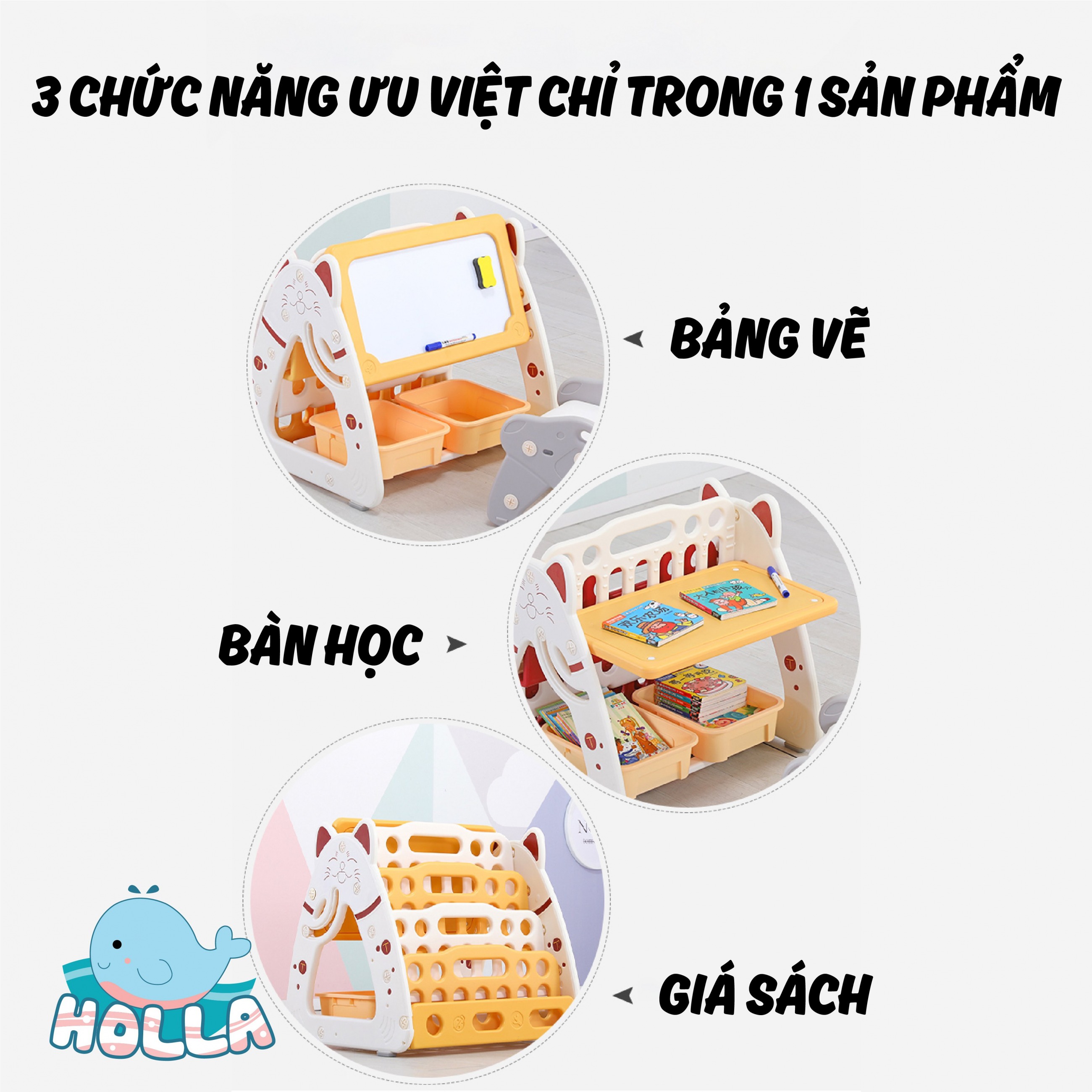 Bảng Vẽ Bàn Học Giá Sách Mèo Holla Cho Bé 1-7 Tuổi - Tặng Kèm Ghế