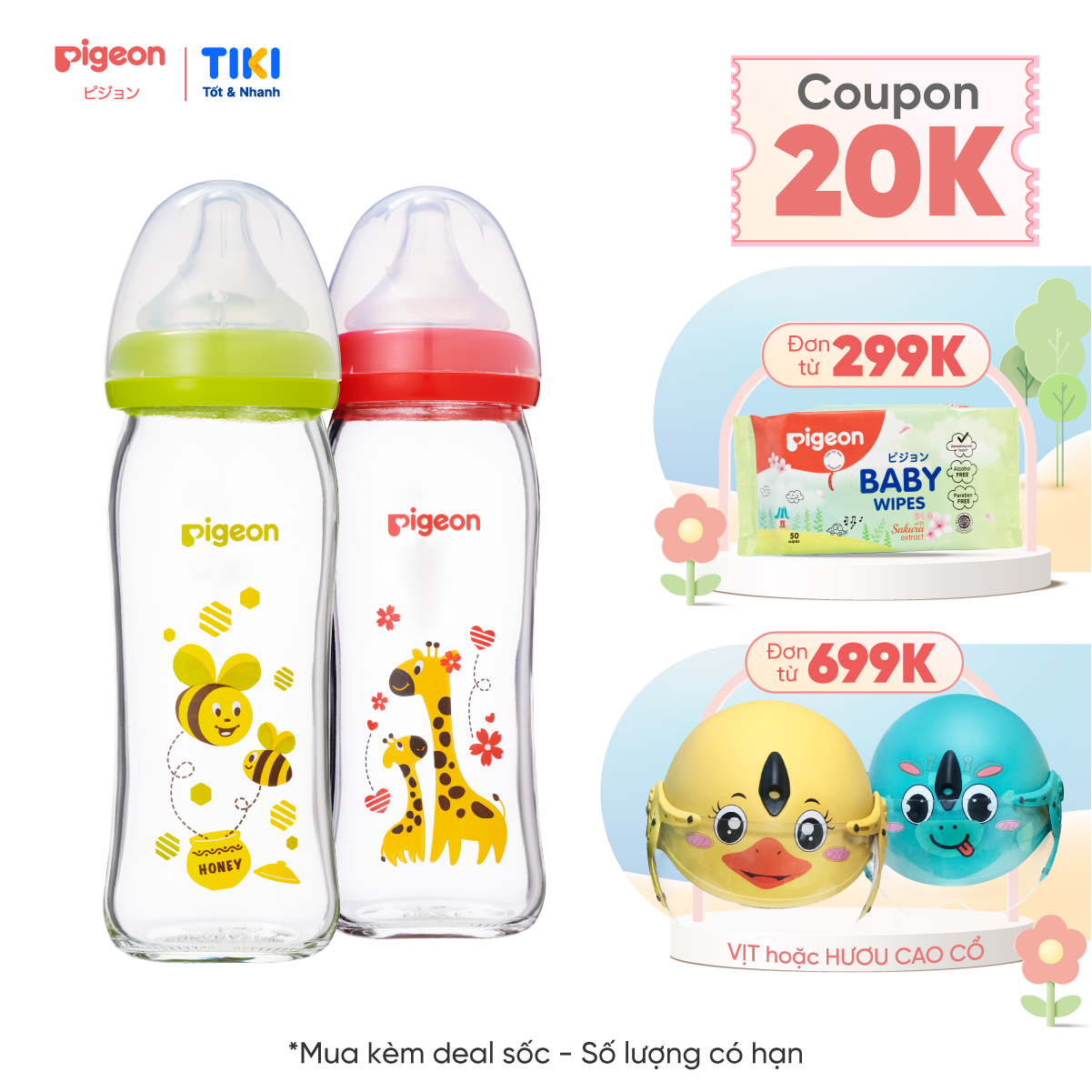 Bình sữa cổ rộng thuỷ tinh Plus Pigeon 240ml